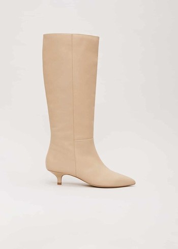 Phase Eight Knee High Kitten Boots Cream Australia | VN5407291